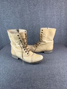 Y2K Steve Madden Leather Troopa Women's Lace-Up Combat Boots in Beige 8.5M